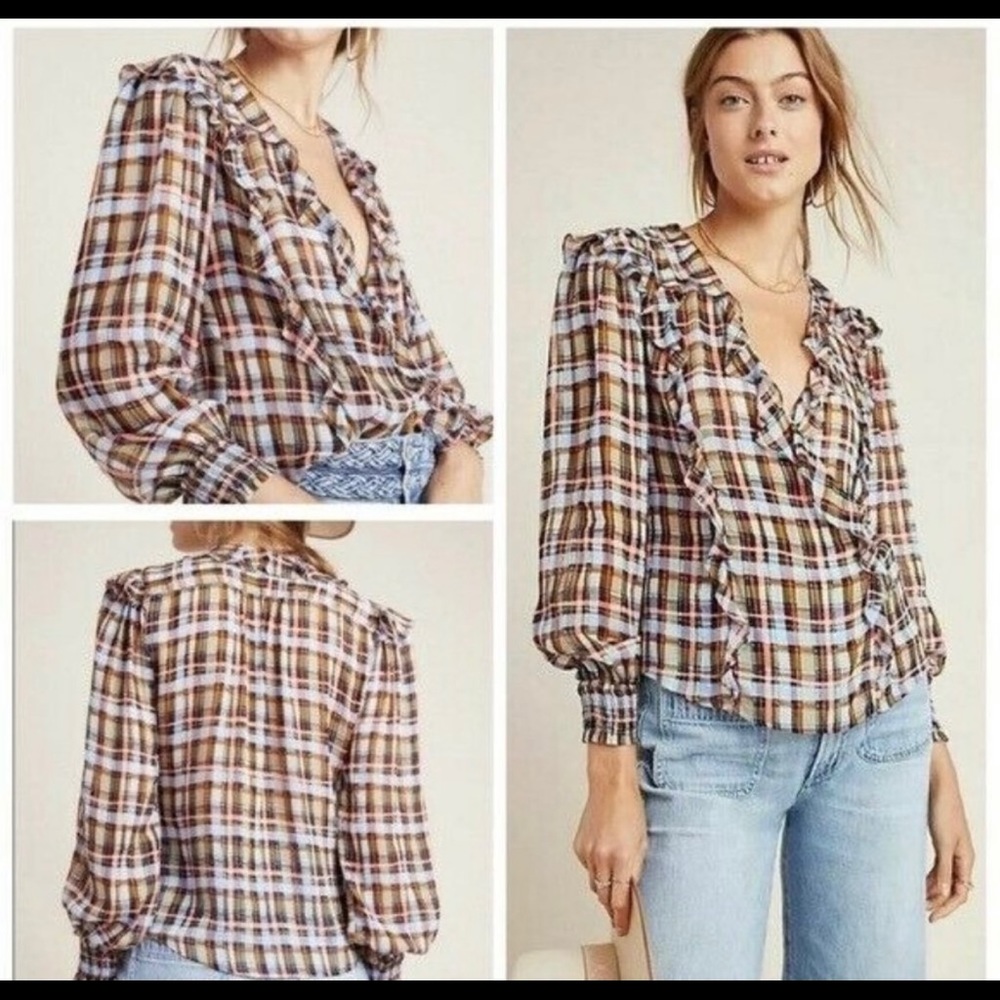 Maeve Anthro plaid Flouncy Lightweight Blouse